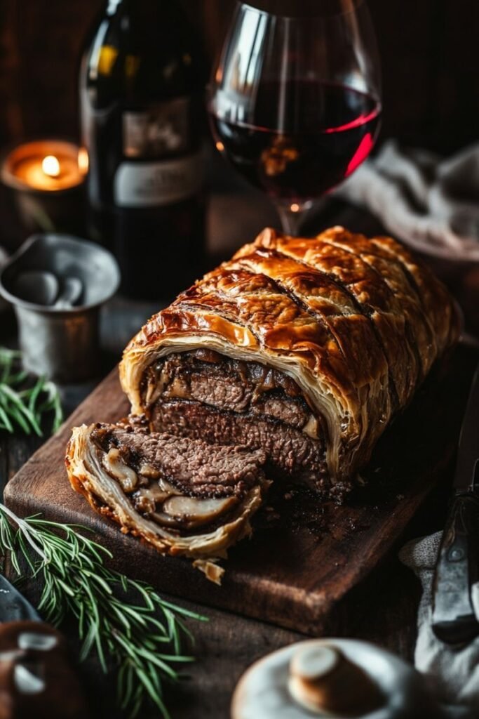 Beef Wellington with crispy pastry on a wooden board, paired with red wine for a gourmet dining experience.