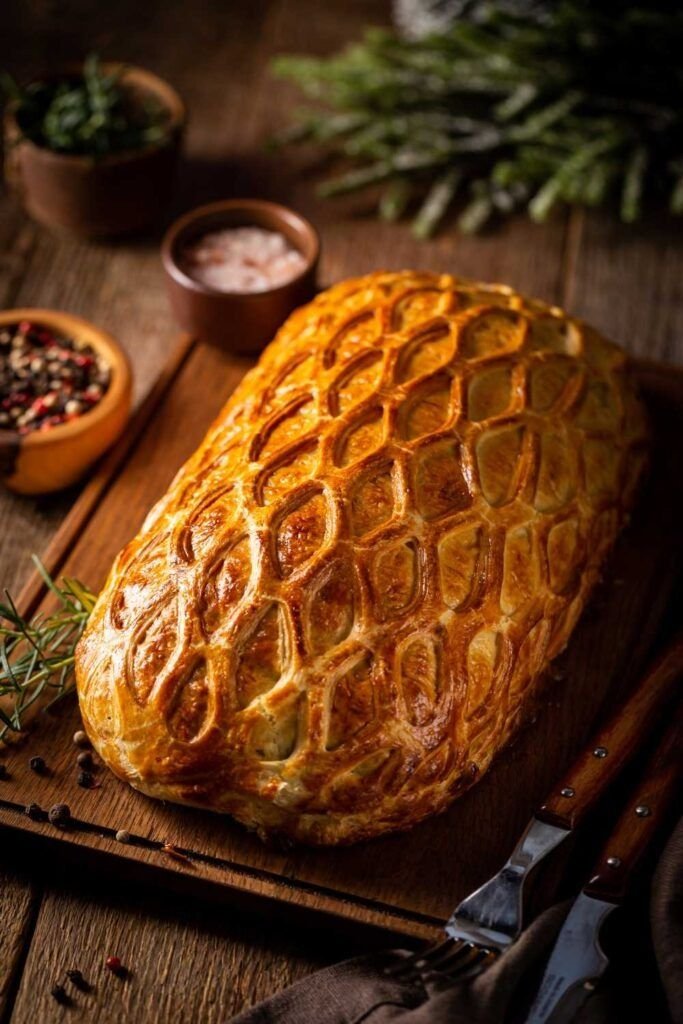 Golden-brown pastry on wooden board with spices, perfect for holiday dining. Elegant food presentation.