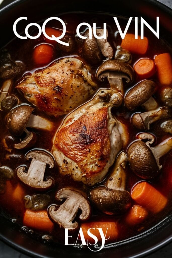 Easy Coq au Vin with chicken thighs, mushrooms, and carrots in a rich wine sauce. Perfect for a comforting meal.