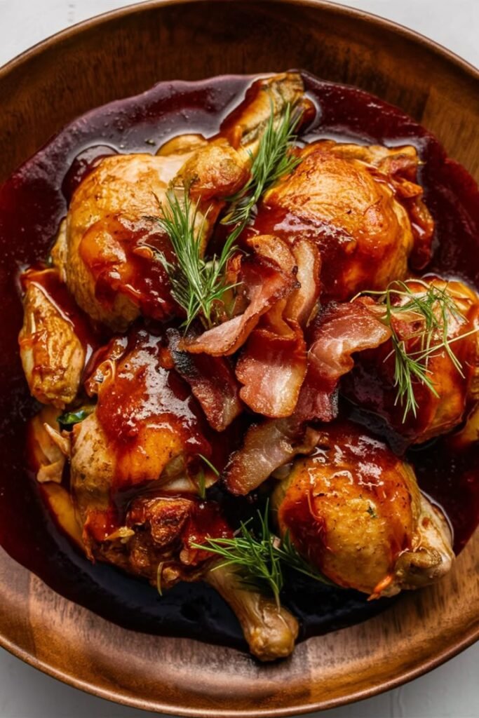 Roasted chicken and bacon with rich sauce garnished with herbs in a wooden bowl. Delicious and savory meal.