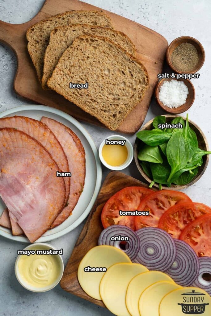 Ingredients for a sandwich: bread, ham, cheese, tomatoes, onion, spinach, mayo mustard, honey, salt, and pepper.