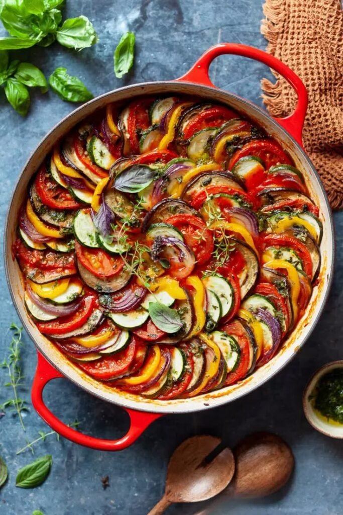 Colorful ratatouille in a red pan, garnished with fresh herbs on a rustic kitchen table.