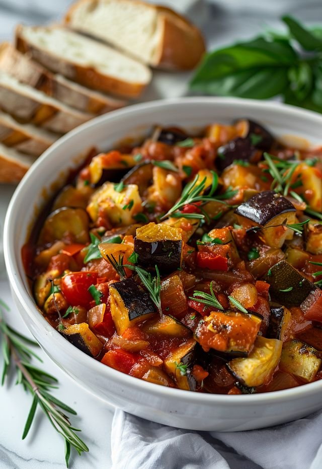 Colorful ratatouille with fresh herbs in a bowl, served with sliced bread.