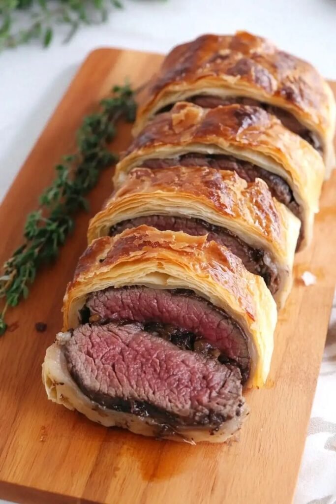 Sliced beef Wellington on a wooden board with fresh herbs, showcasing flaky pastry and medium-rare steak filling.