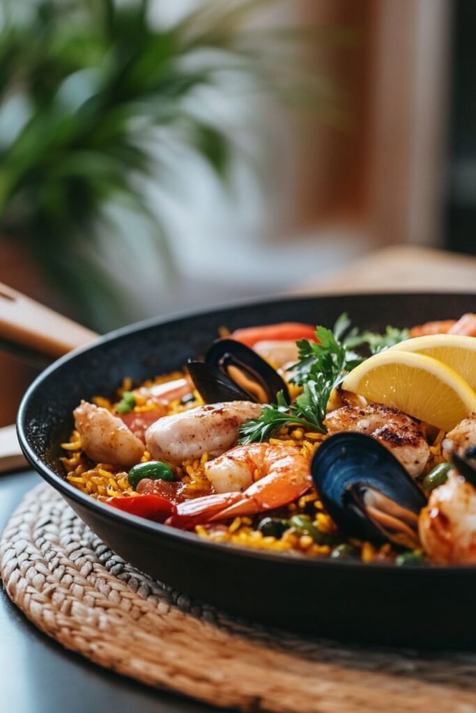 Delicious seafood paella with shrimp, mussels, fish, and lemon in a skillet on a woven mat.