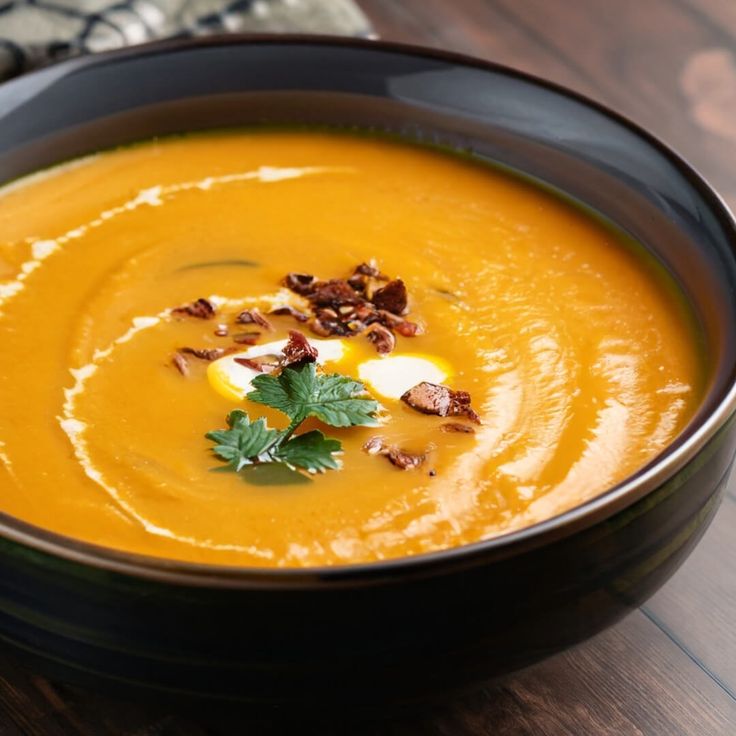 Creamy pumpkin soup garnished with herbs and nuts in a black bowl on a wooden table.
