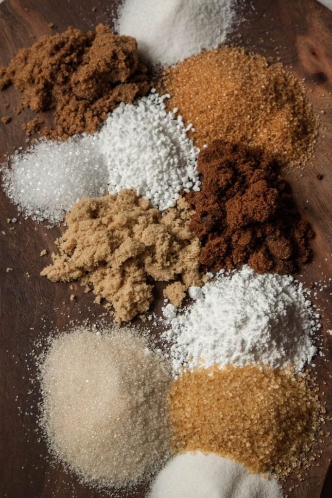 Assorted sugar varieties including white, brown, and turbinado on a wooden surface, showcasing textures and colors.