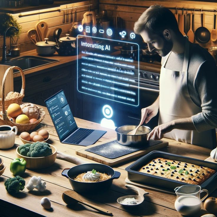 A man cooking in a kitchen guided by AI from a laptop, surrounded by fresh ingredients and a baked dish.