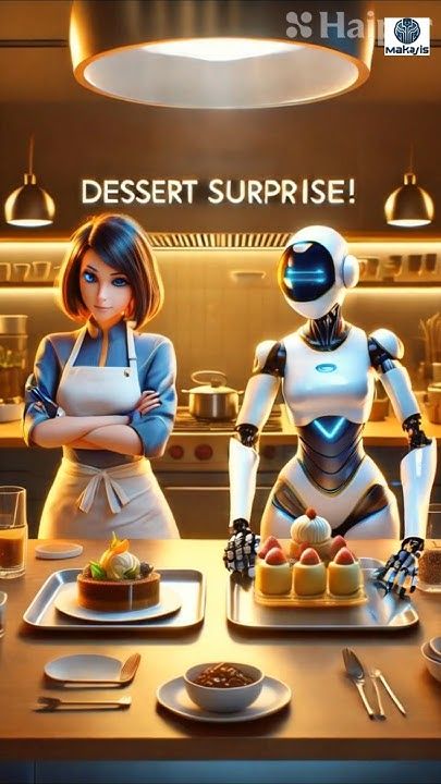 Chef and robot presenting desserts in a modern kitchen, with the text Dessert Surprise! overhead.