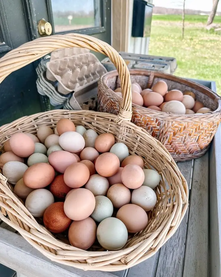 Wicker baskets filled with farm-fresh eggs in various colors on a rustic wooden table outside.