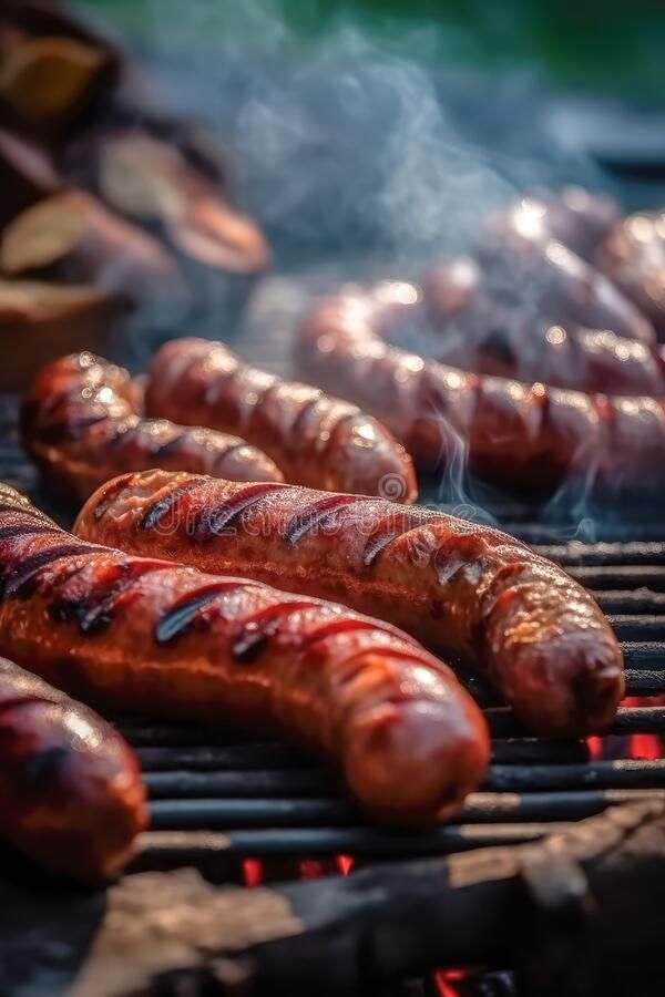 Grilled sausages sizzling on a barbecue grill with smoke rising, highlighting a delicious outdoor cooking scene.