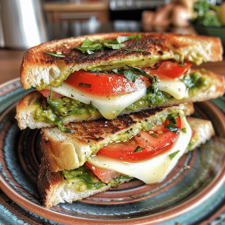 Grilled cheese sandwich with tomato and pesto on a ceramic plate, garnished with fresh herbs, served outdoors.