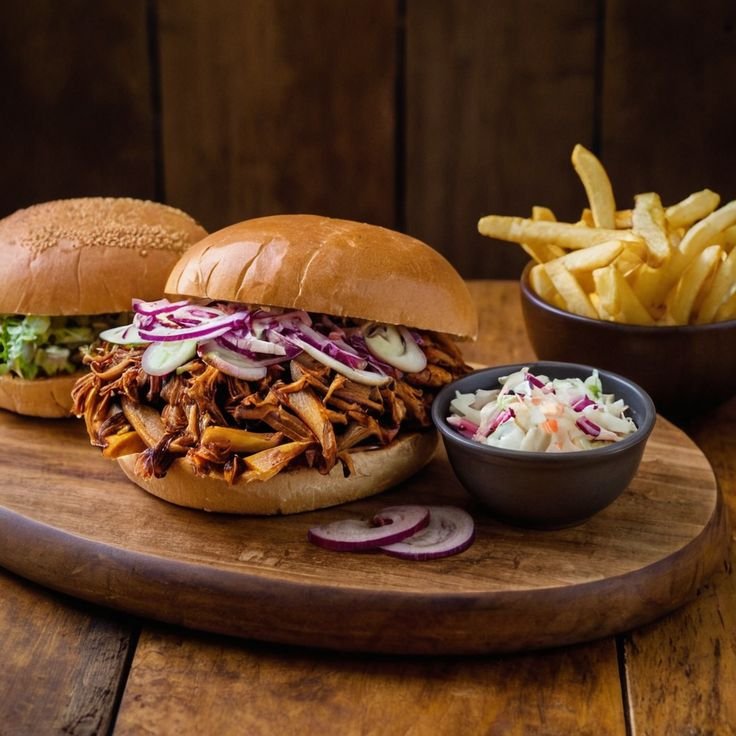 Pulled pork sandwich with coleslaw and fries on a wooden platter. Perfect savory meal for lunch or dinner.