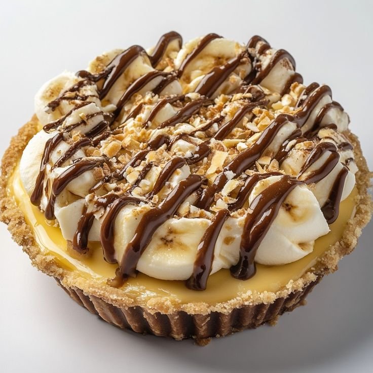 Delicious banoffee pie topped with banana slices, whipped cream, chocolate drizzle, and nuts on a crumbly crust.