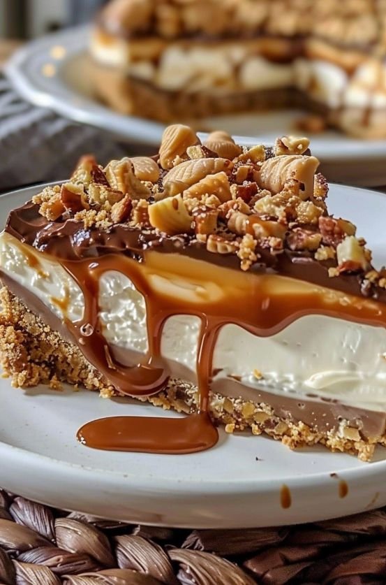 Slice of decadent caramel cheesecake with chocolate and nut topping on a white plate.