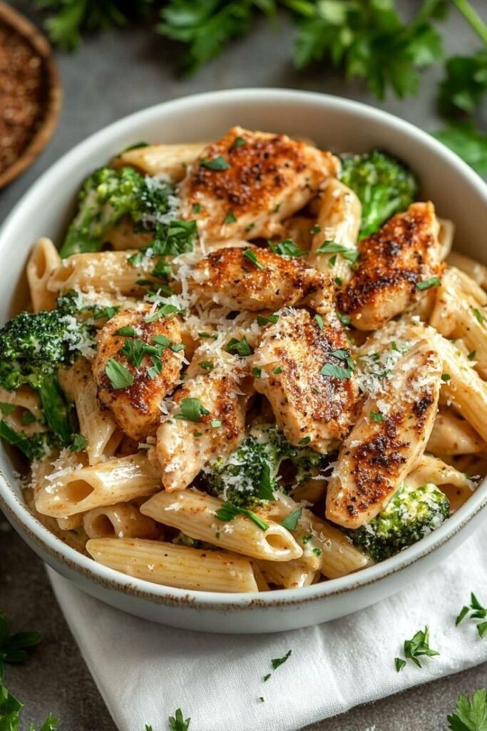 Creamy penne pasta with grilled chicken and broccoli, garnished with parmesan and fresh herbs in a bowl.