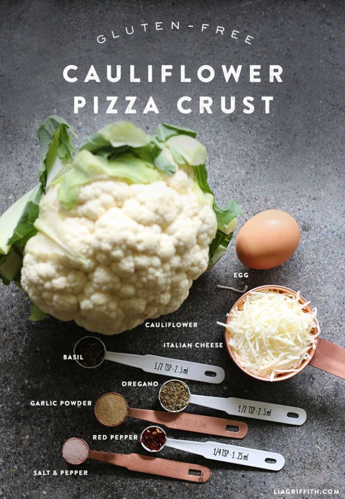 Gluten-free cauliflower pizza crust ingredients: cauliflower, egg, cheese, spices. Healthy homemade recipe.