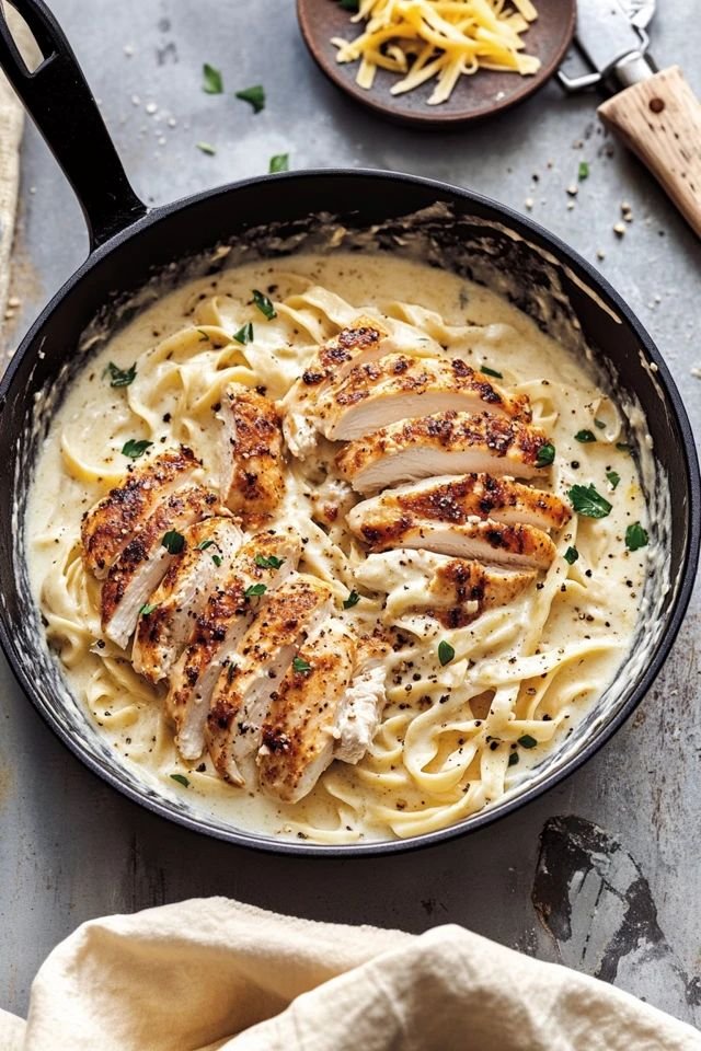 Creamy fettuccine Alfredo with grilled chicken in a skillet, garnished with herbs and black pepper.