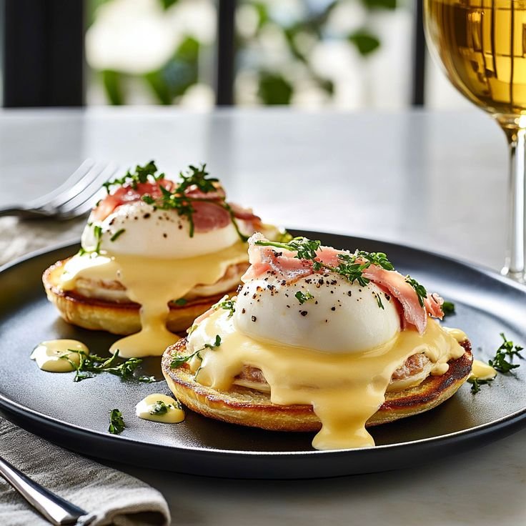 Delicious Eggs Benedict with creamy hollandaise sauce, garnished with herbs on a dark plate, perfect brunch dish.