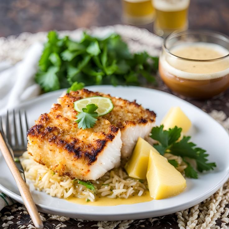 Grilled fish with lemon on a bed of rice and potatoes, garnished with parsley, served with a refreshing drink.