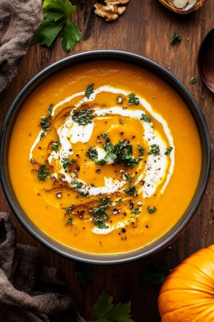Creamy pumpkin soup with herbs and cream swirl in a black bowl on a wooden table.