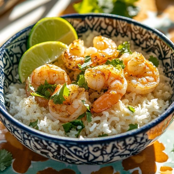 Delicious shrimp over rice garnished with cilantro and lime slices in a patterned bowl.