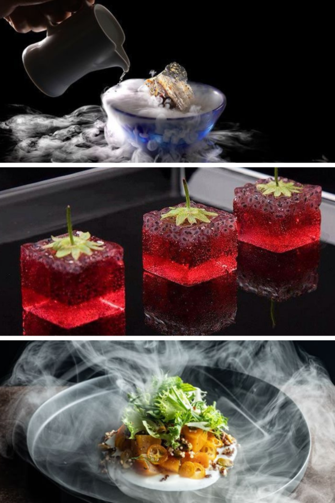 Innovative molecular gastronomy dishes with dramatic smoke effects, featuring desserts and a gourmet salad.