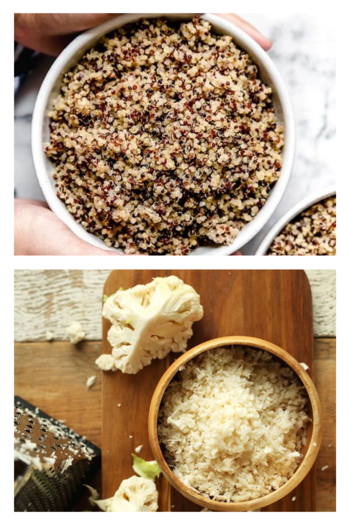 Top: Cooked quinoa in a bowl. Bottom: Grated cauliflower rice on a wooden board with cauliflower florets.