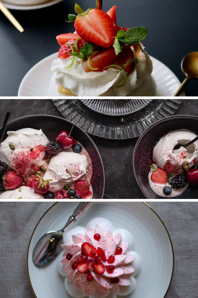 Dessert trio with fresh berries and cream, featuring strawberries, mint, and assorted berries on elegant plates.