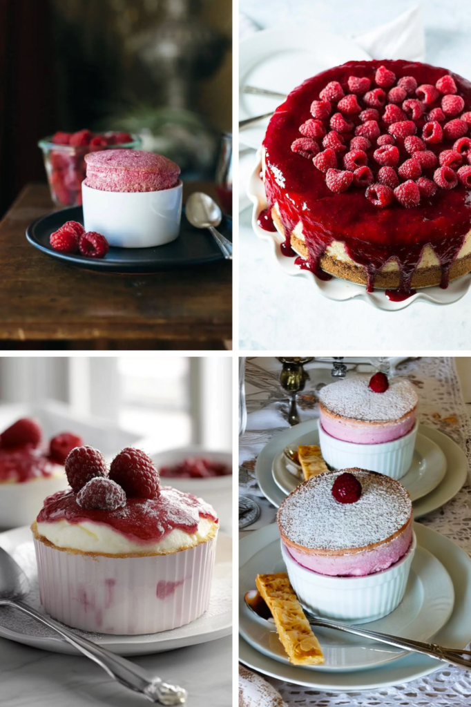 Assorted raspberry desserts: souffle, cake, and ramekins topped with fresh raspberries, perfect for gourmet dining.