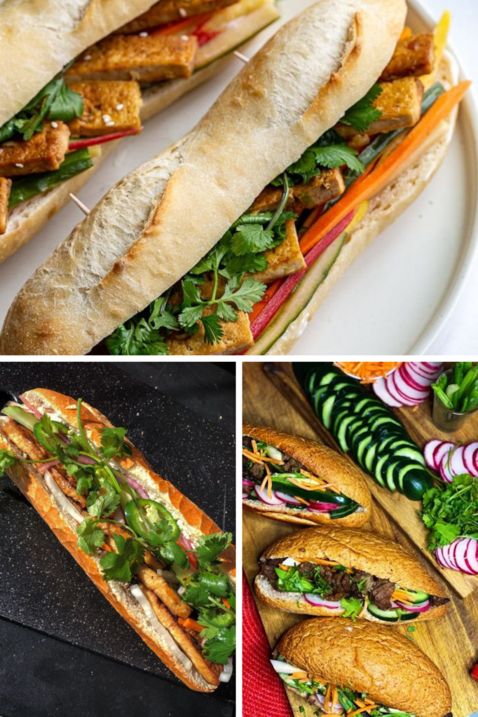 Assorted Vietnamese Bánh Mì sandwiches with tofu, pickled veggies, and fresh cilantro on crusty baguettes.