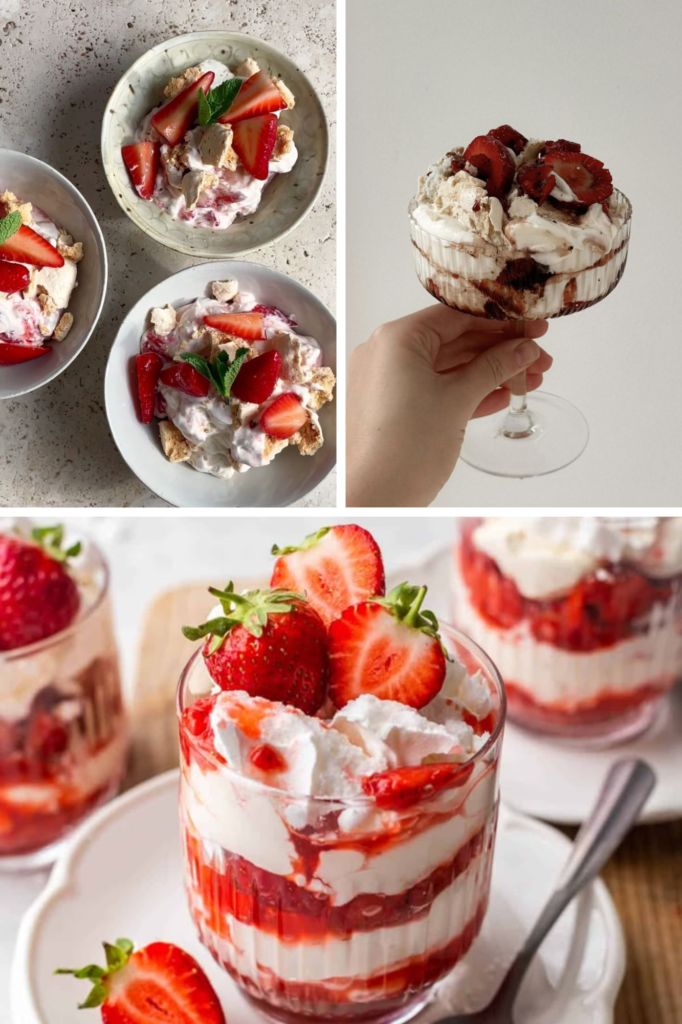 Delicious strawberry Eton mess desserts in bowls and glasses with fresh cream and meringue.