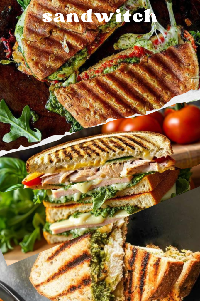 Grilled panini sandwich with melted cheese, pesto, and fresh greens on crusty bread.