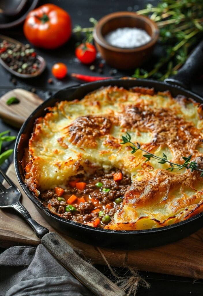 Delicious homemade shepherd's pie with crispy mashed potato topping in skillet, surrounded by fresh ingredients.