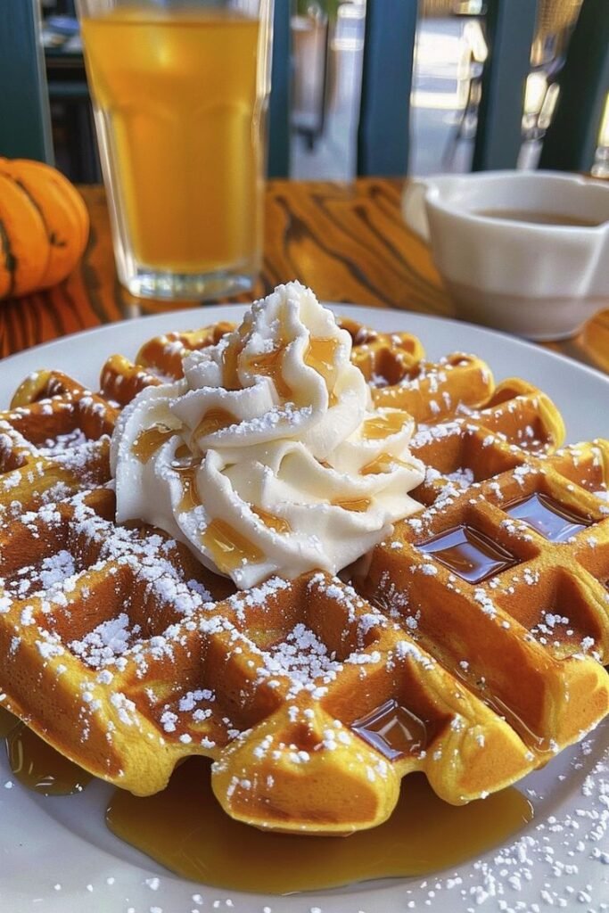 Delicious Belgian waffle topped with whipped cream, syrup, and powdered sugar served with a refreshing drink.