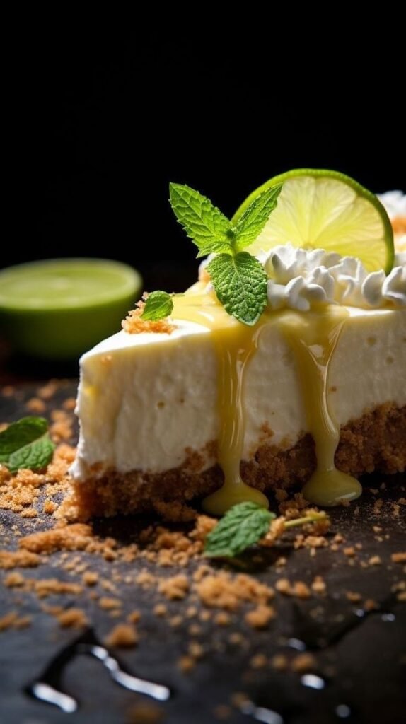 Decadent lemon cheesecake slice with whipped cream, mint, and lime garnish on a dark background.