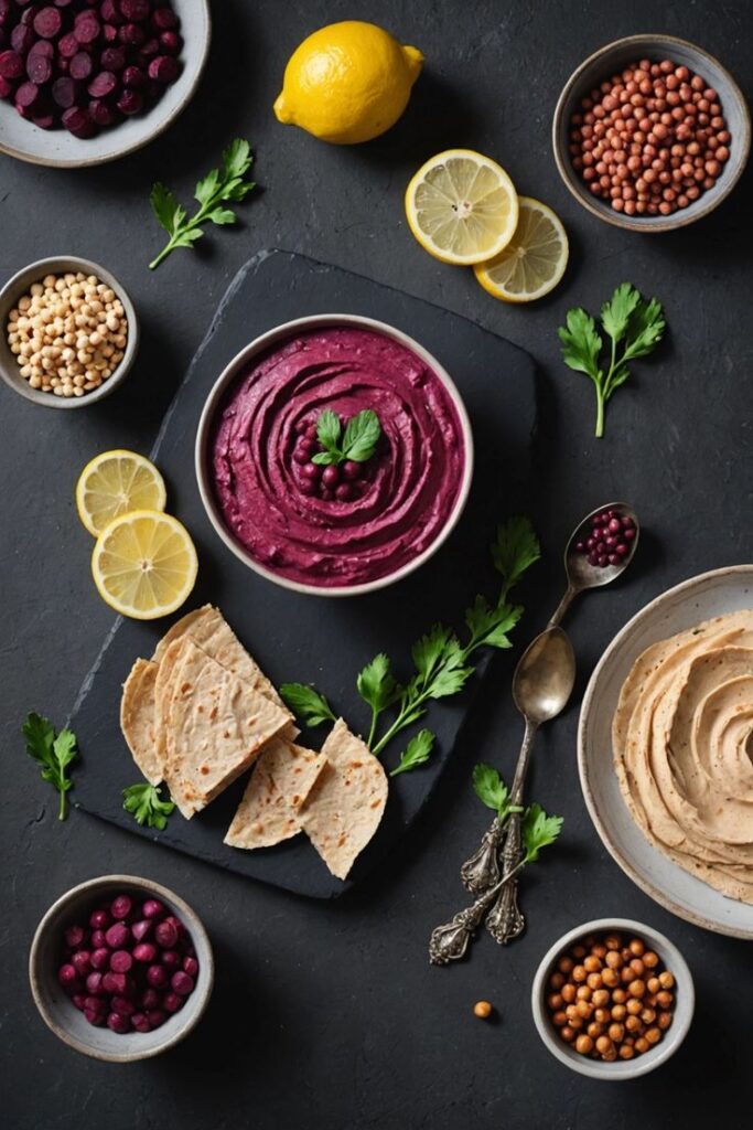 Colorful beet hummus with lemon slices, pita bread, and spices on a dark slate surface.