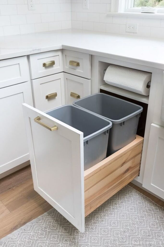 Modern kitchen cabinet with pull-out trash bins and paper towel holder, featuring white finish and gold handles.