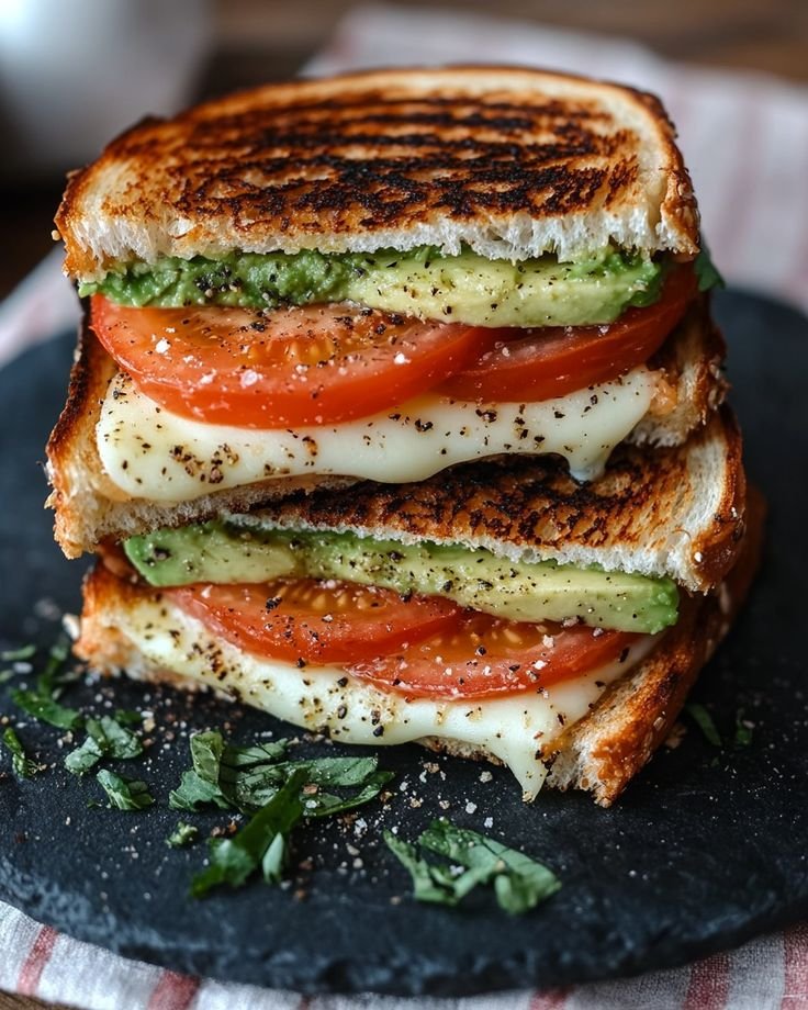 Grilled cheese sandwich with avocado, tomato, and melted cheese on a black plate.