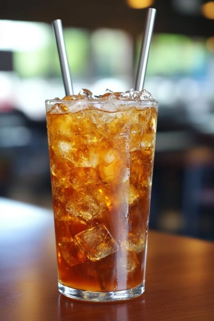 Tall glass of iced tea with metal straws on a wooden table. Refreshing summer drink concept.