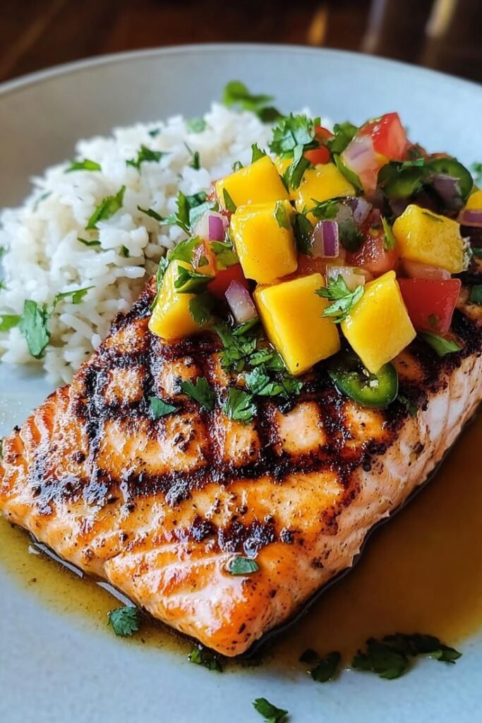 Grilled salmon topped with mango salsa, served with cilantro rice on a plate. Perfect for a fresh, healthy meal option.