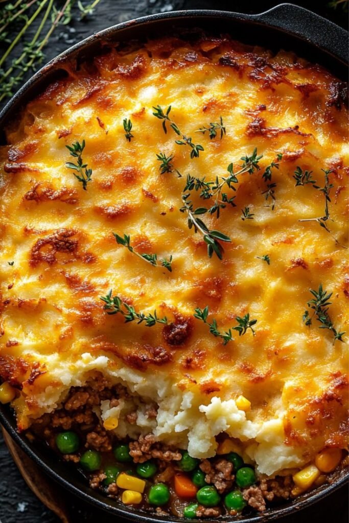 Homemade shepherd's pie with mashed potato topping, peas, corn, and minced meat, garnished with fresh herbs.