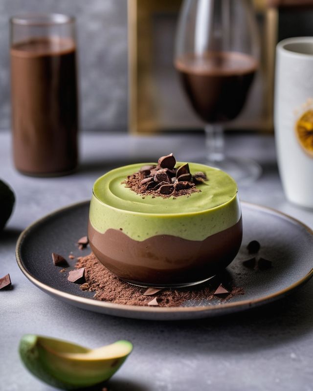 Avocado chocolate mousse topped with chocolate shavings, served in a glass with drinks in the background.