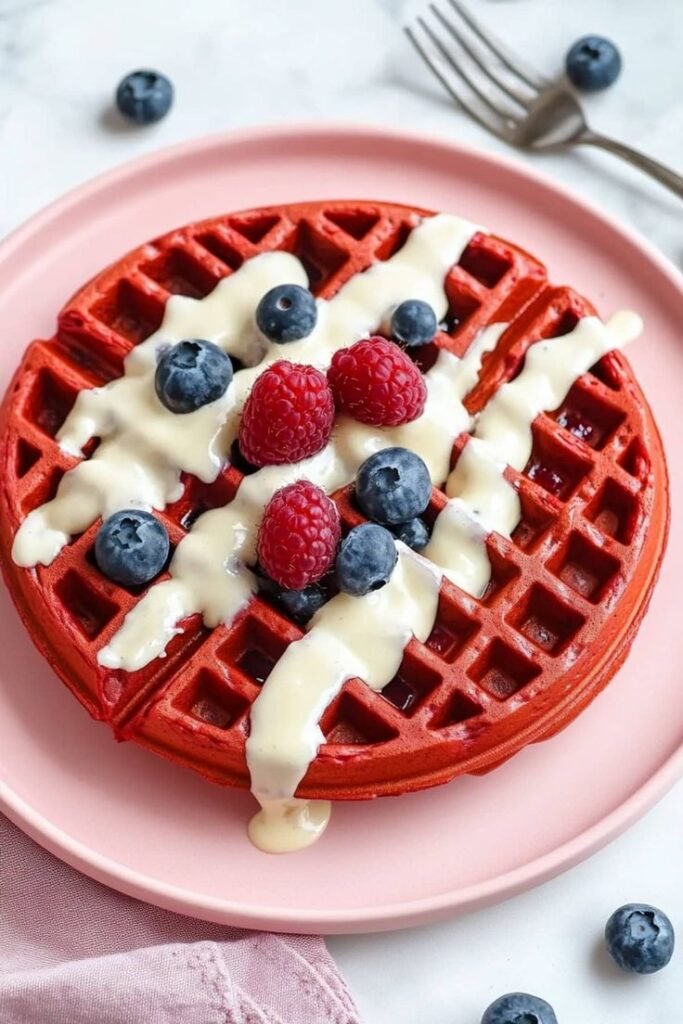 Red velvet waffle topped with fresh blueberries, raspberries, and cream on a pink plate.