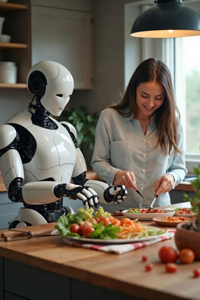 Robot assisting woman in kitchen, preparing a fresh vegetable salad together under warm lighting.