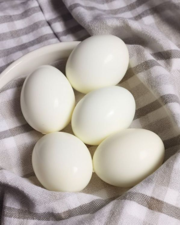 Five hard-boiled eggs on a white plate with a striped cloth background. Perfect for healthy protein snacks.