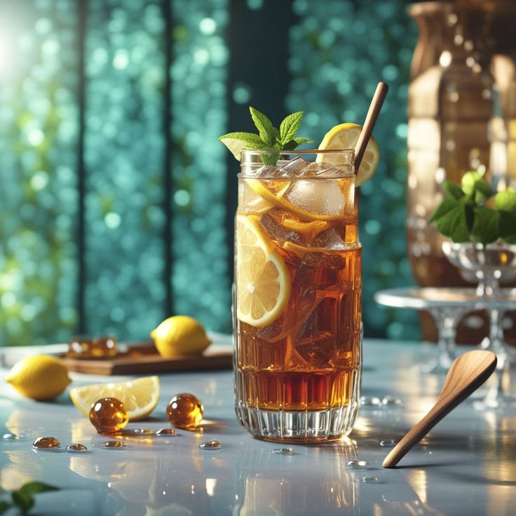 Refreshing iced tea with lemon slices and mint sprigs in a tall glass, perfect for a summer day.