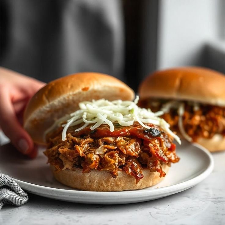 Juicy pulled pork sandwich with coleslaw on a white plate, perfect for a delicious lunch or dinner meal.