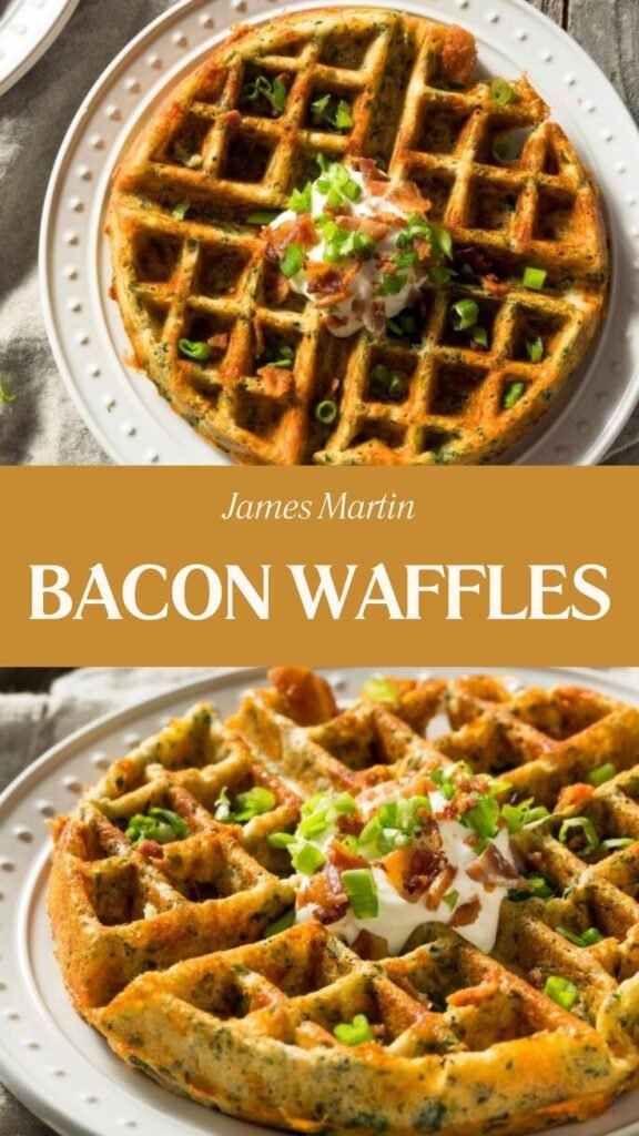 Delicious bacon waffles topped with sour cream and green onions on a white plate, perfect for breakfast.