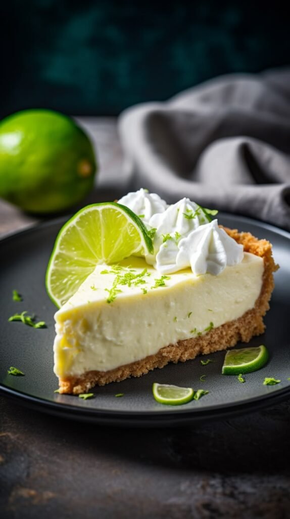 Slice of key lime pie with whipped cream and lime garnish on a dark plate.